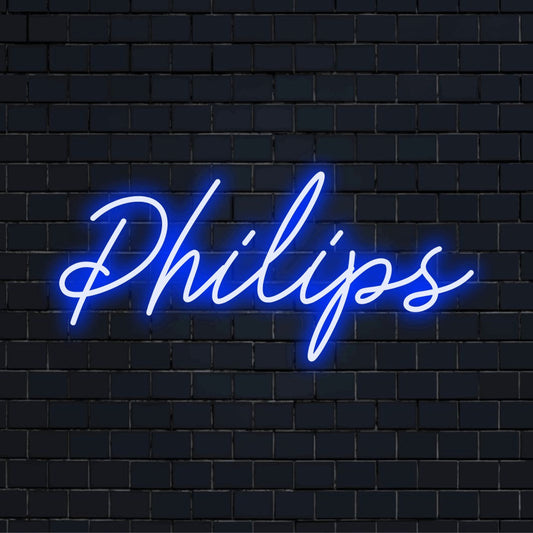 Philips LED Neon Sign, glowing wall decor on dark brick wall