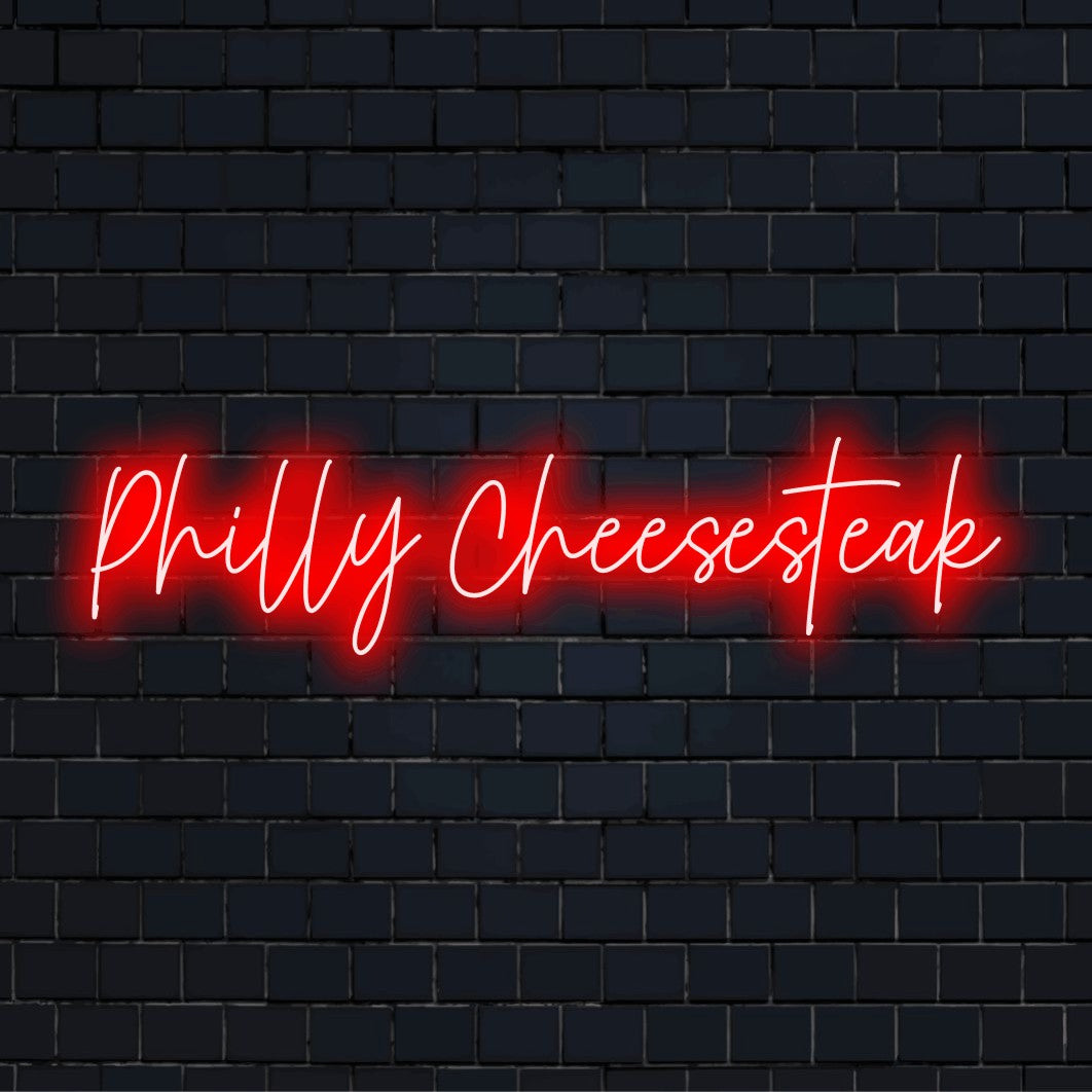 Philly Cheesesteak Neon Sign, glowing wall decor against brick backdrop