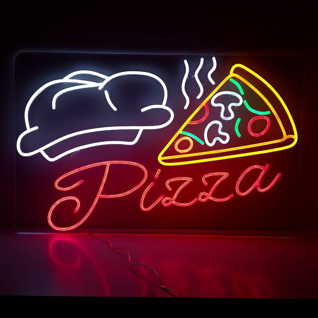 Placa de neon com pizza e fatias de pizza - The Art Neon
