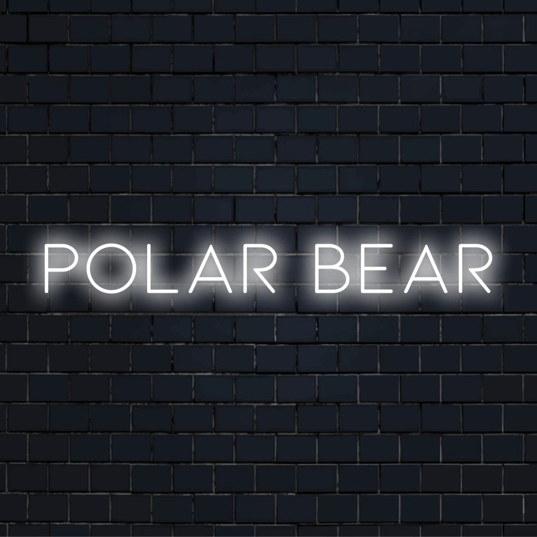Polar Bear LED Neon Sign, glowing neon text on dark brick wall
