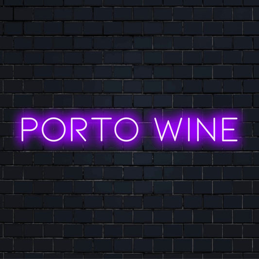 Porto Wine Neon Light with glowing wall decor on dark brick wall