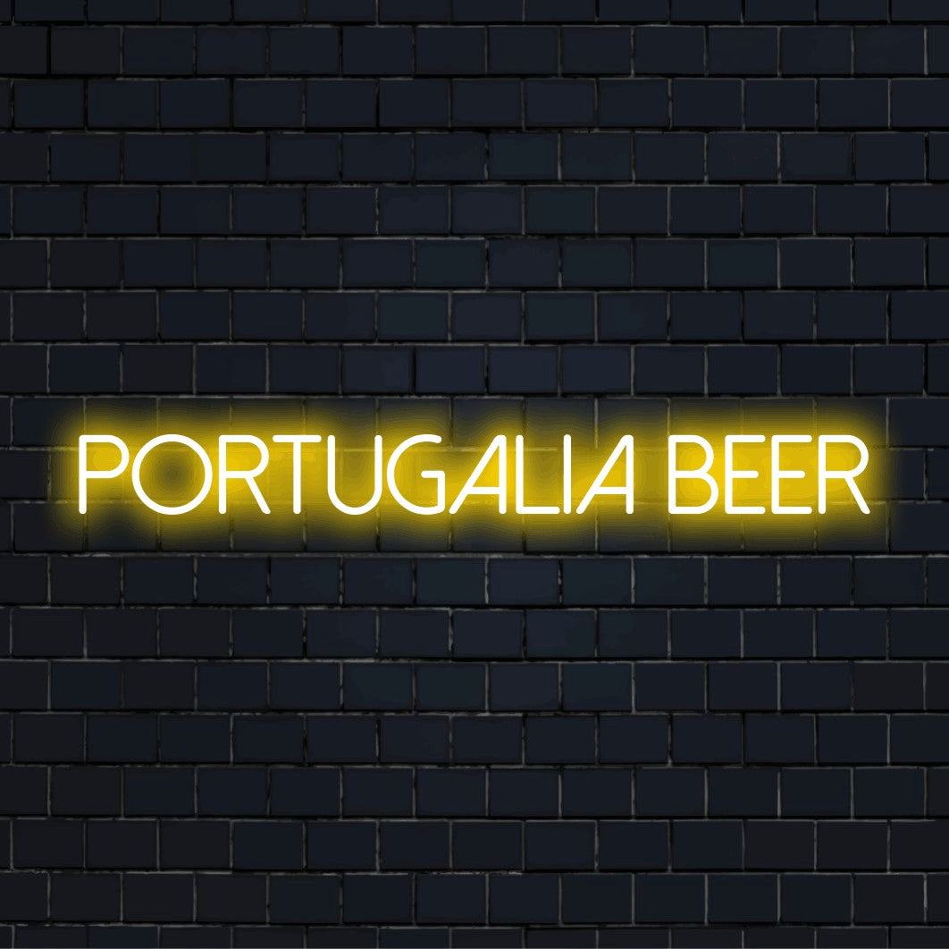 Portugalia Beer LED Neon Sign, bright neon lettering on dark brick wall