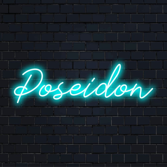 Poseidon LED Neon Sign, glowing neon text on black brick background
