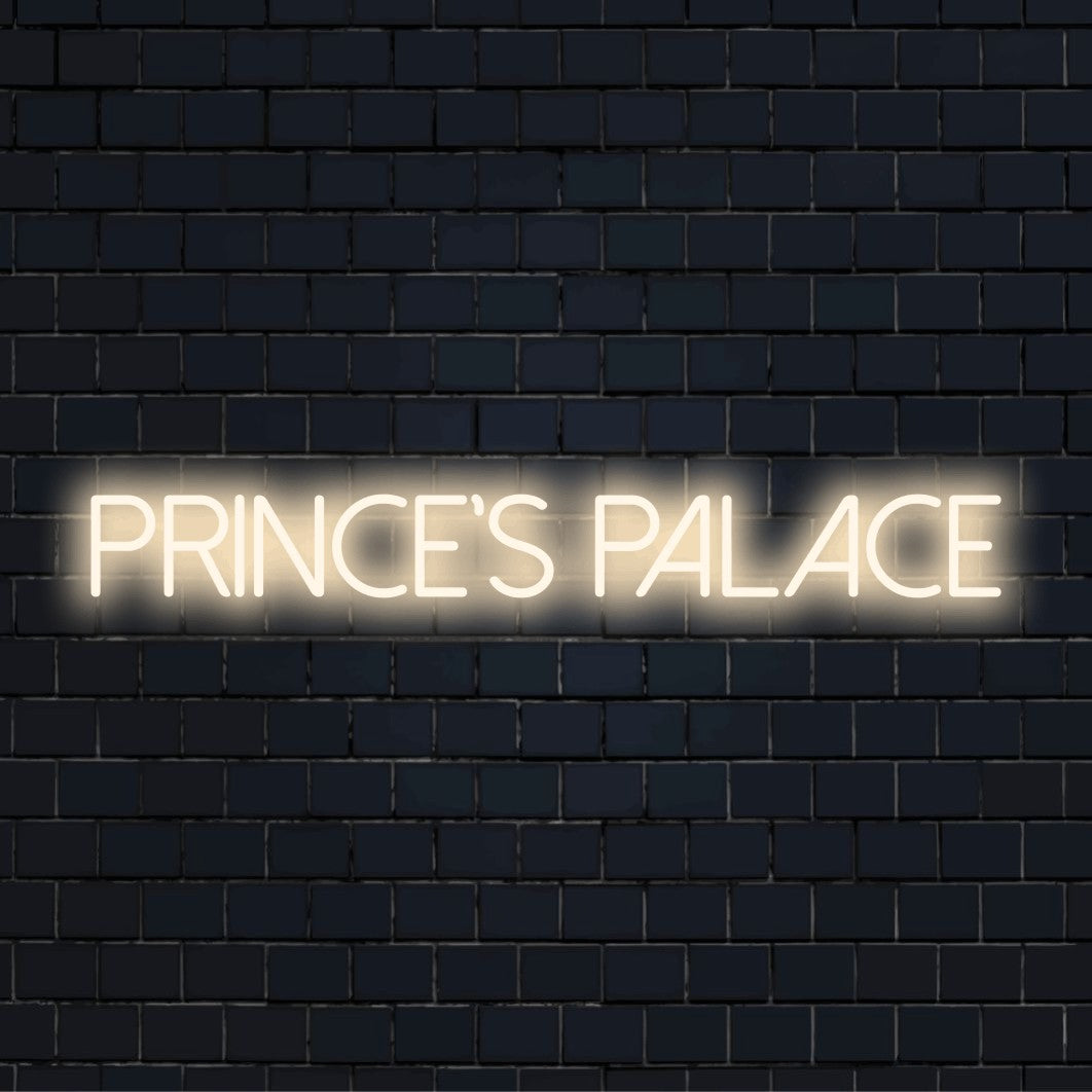 Prince S Palace Neon Sign, glowing lettering against black brick wall