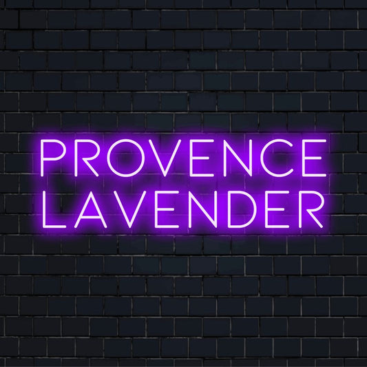 Provence Lavender Neon Sign, neon text light against black brick wall