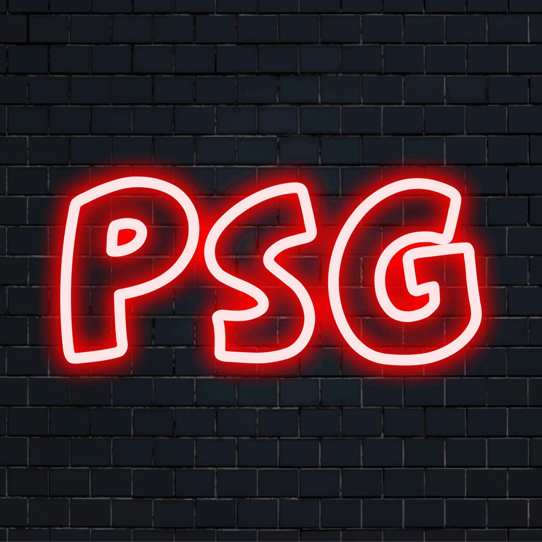 Psg Neon Sign, glowing neon text against black brick wall