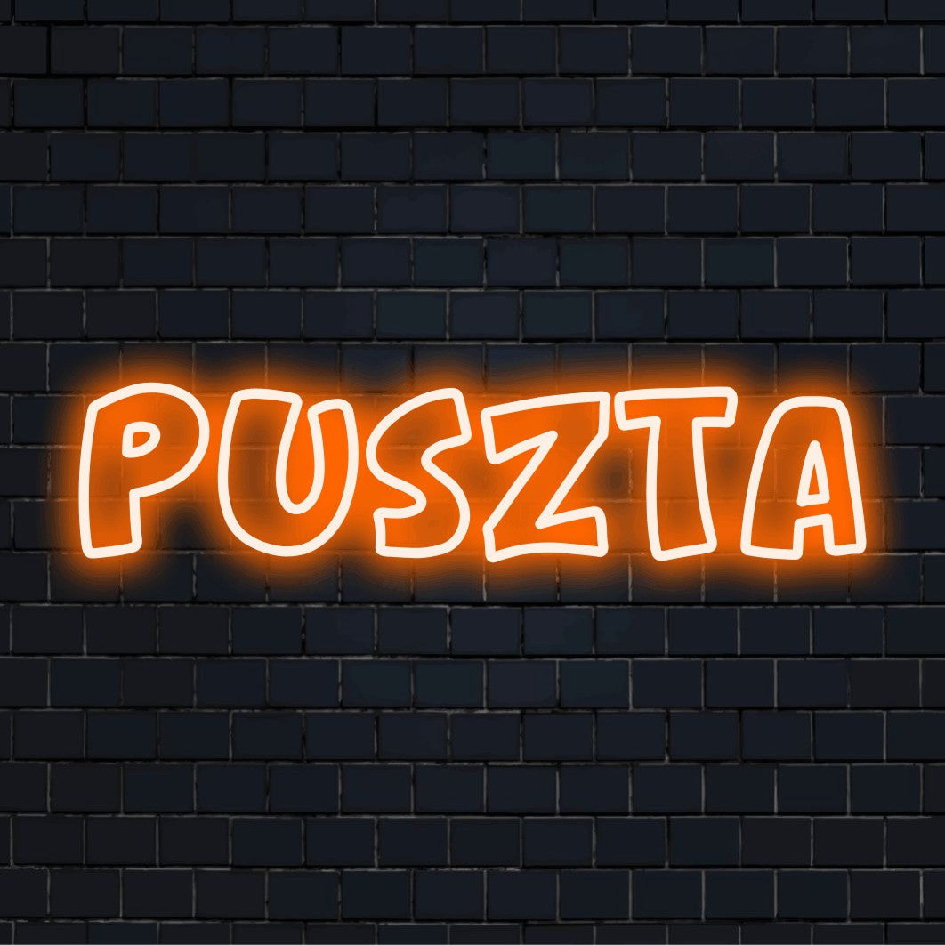 Puszta Neon Light with soft neon glow on dark brick background