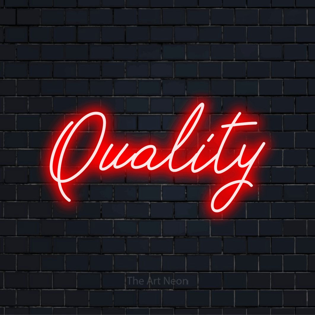 "Quality" text design with neon effect on a black brick wall
