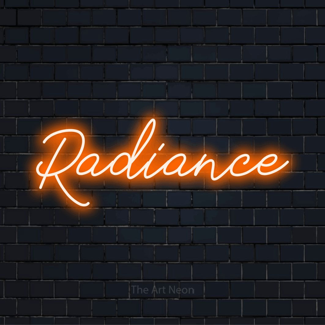 "Radiance" text design with neon effect on a black brick wall