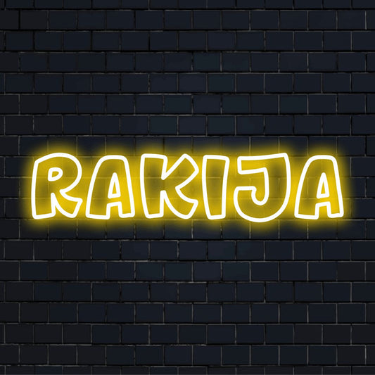 Rakija LED Neon Sign, bright LED glow on dark brick wall