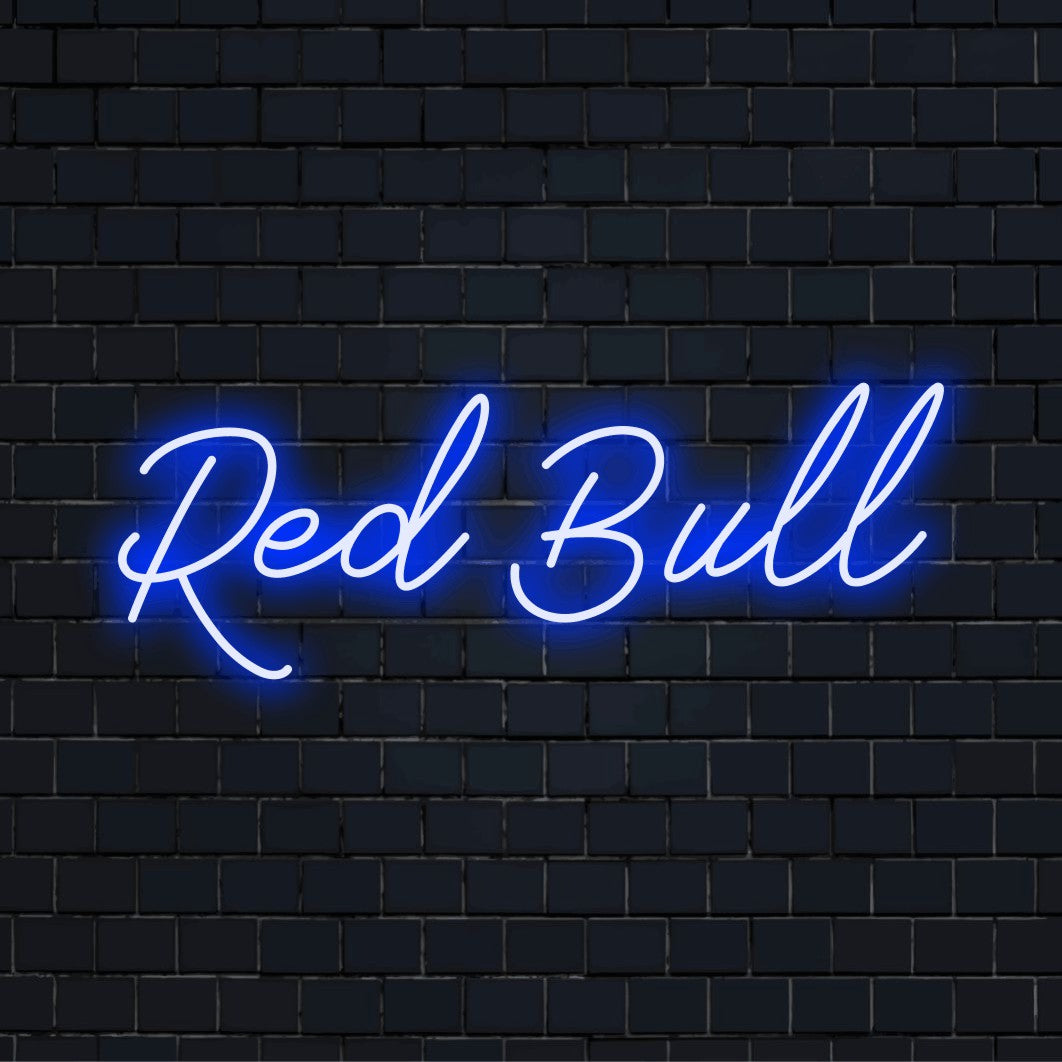 Red Bull LED Neon Sign, glowing neon text on dark brick wall