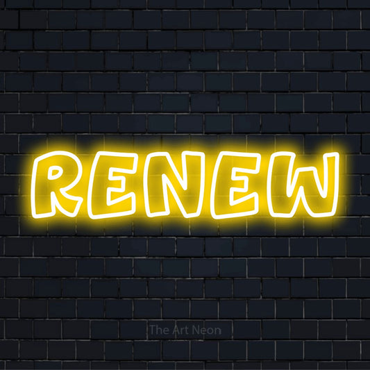 "Renew" LED neon sign on a black brick wall