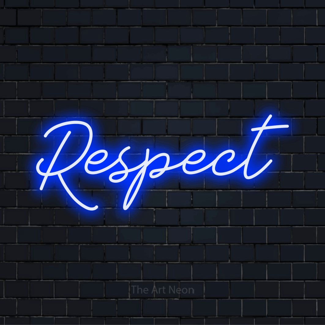 "Respect" text design with neon effect on a black brick wall