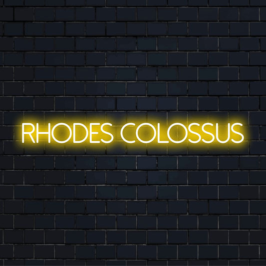 Rhodes Colossus Neon Light with glowing wall decor on black brick background
