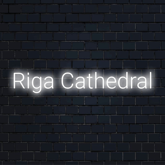 Riga Cathedral Neon Sign, glowing wall decor against black brick wall