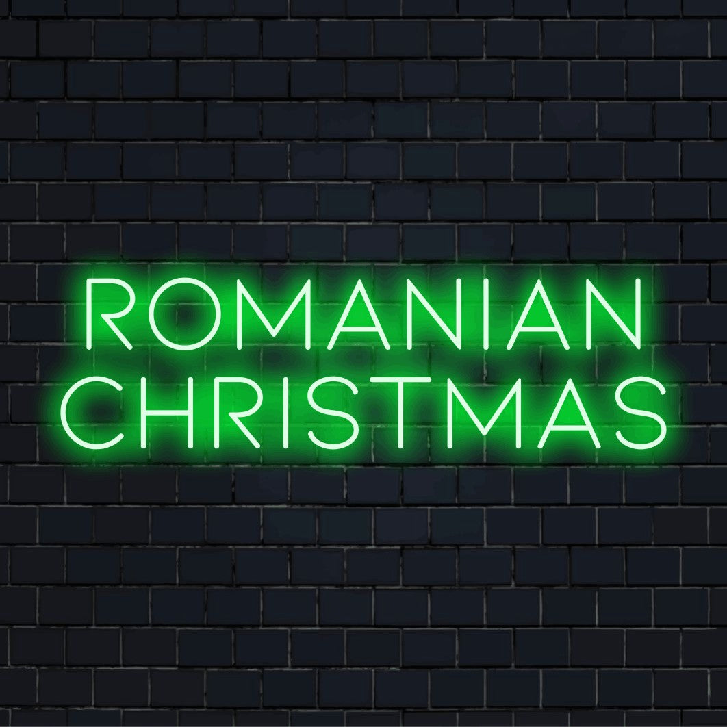 Romanian Christmas Neon Sign, bright LED glow against brick backdrop
