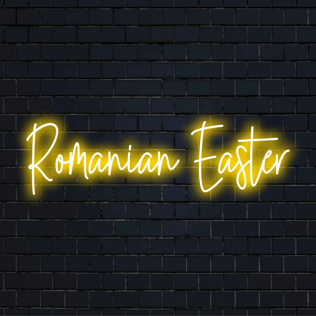 Romanian Easter Neon Sign, soft neon glow against black brick wall