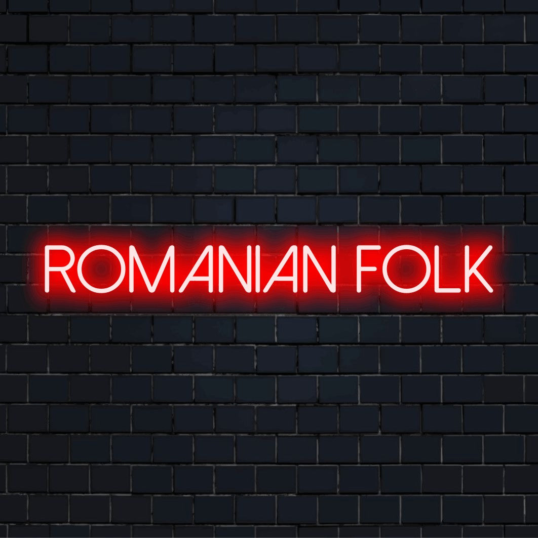 Romanian Folk Neon Sign, glowing wall decor on dark brick wall