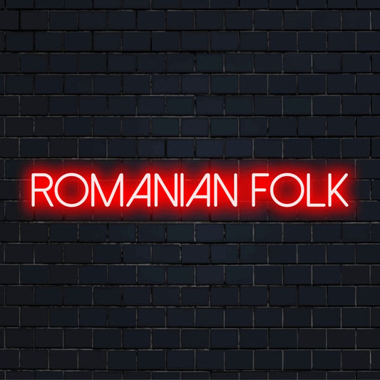 Romanian Folk Neon Sign, glowing wall decor on dark brick wall