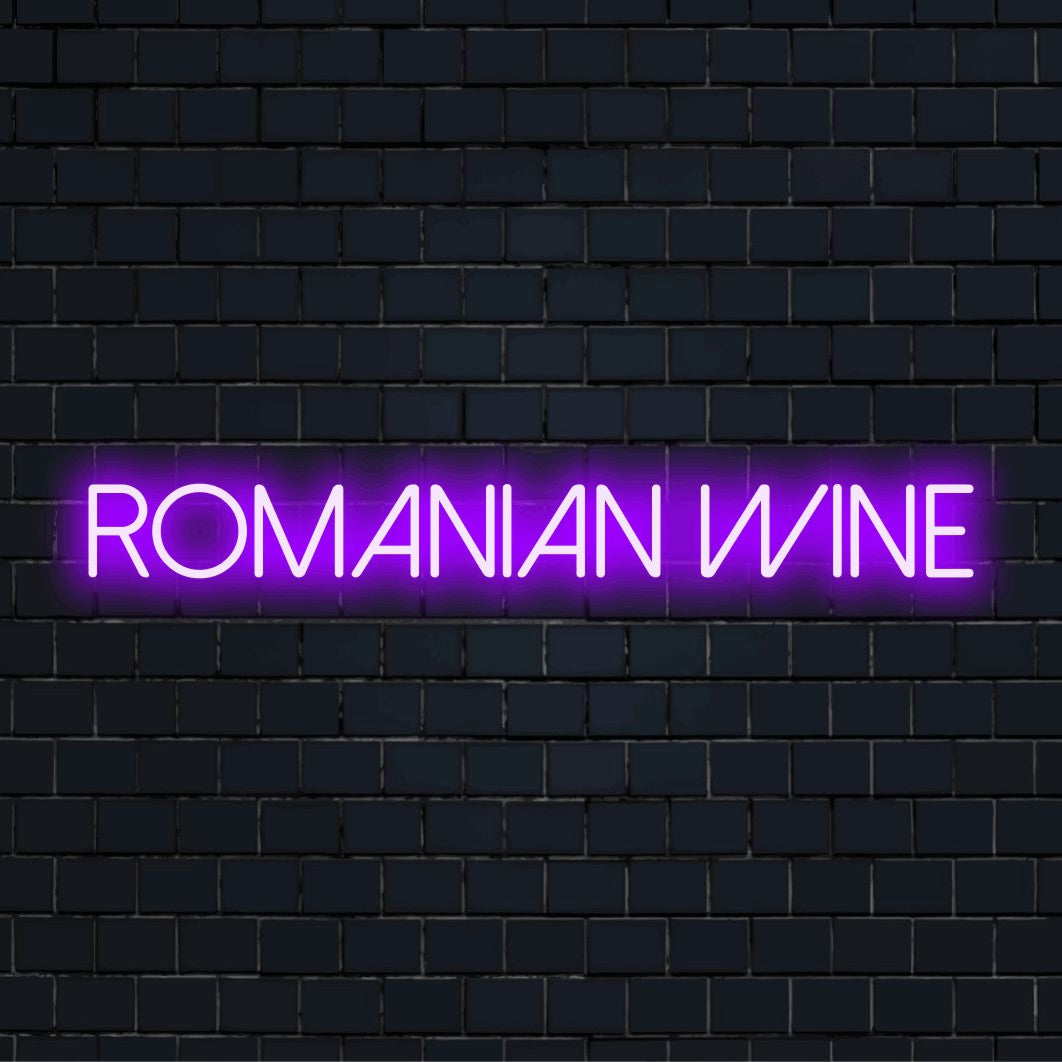 Romanian Wine Neon Sign, glowing wall decor on black brick background