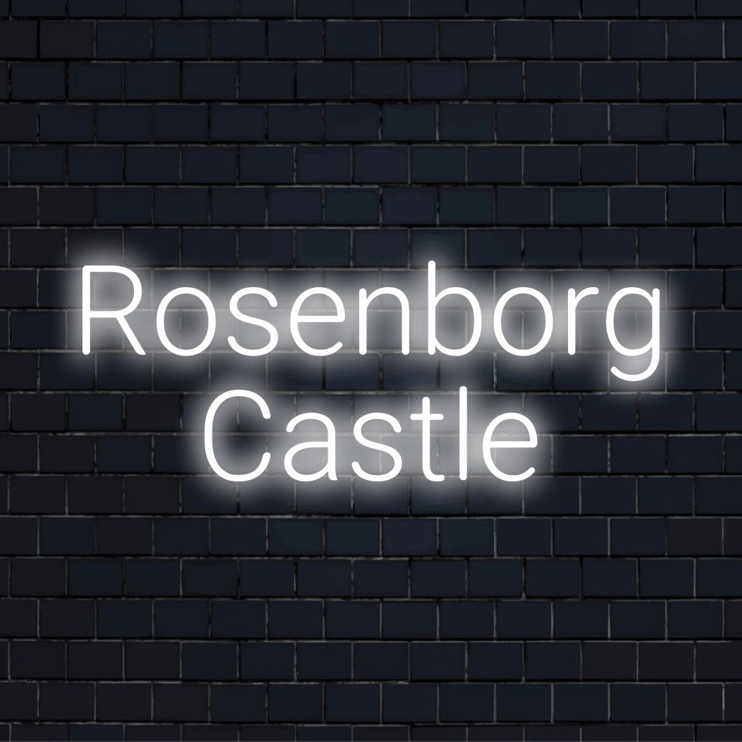 Rosenborg Castle Neon Sign, neon text light on dark brick wall