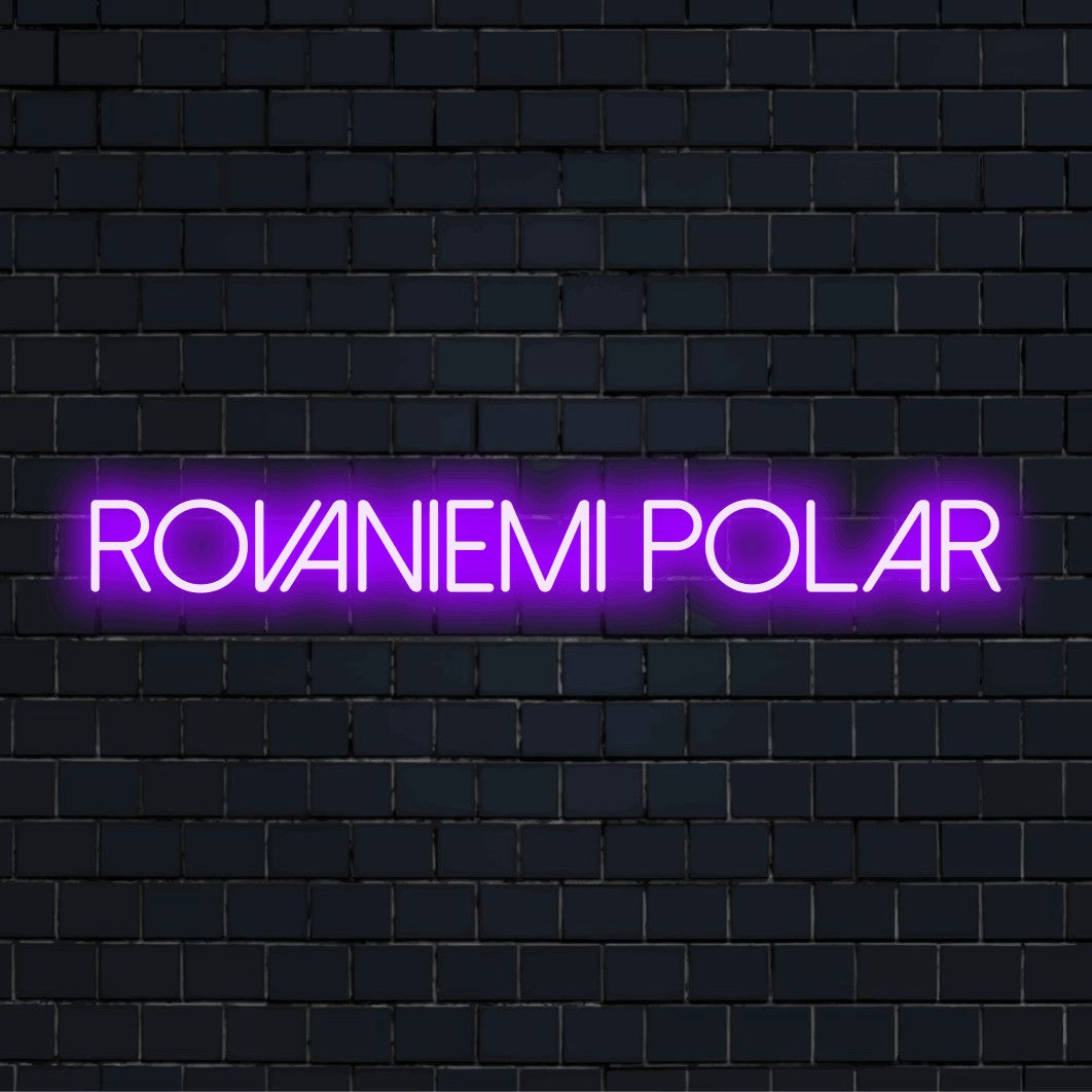 Rovaniemi Polar Neon Sign, bright neon lettering on black brick background