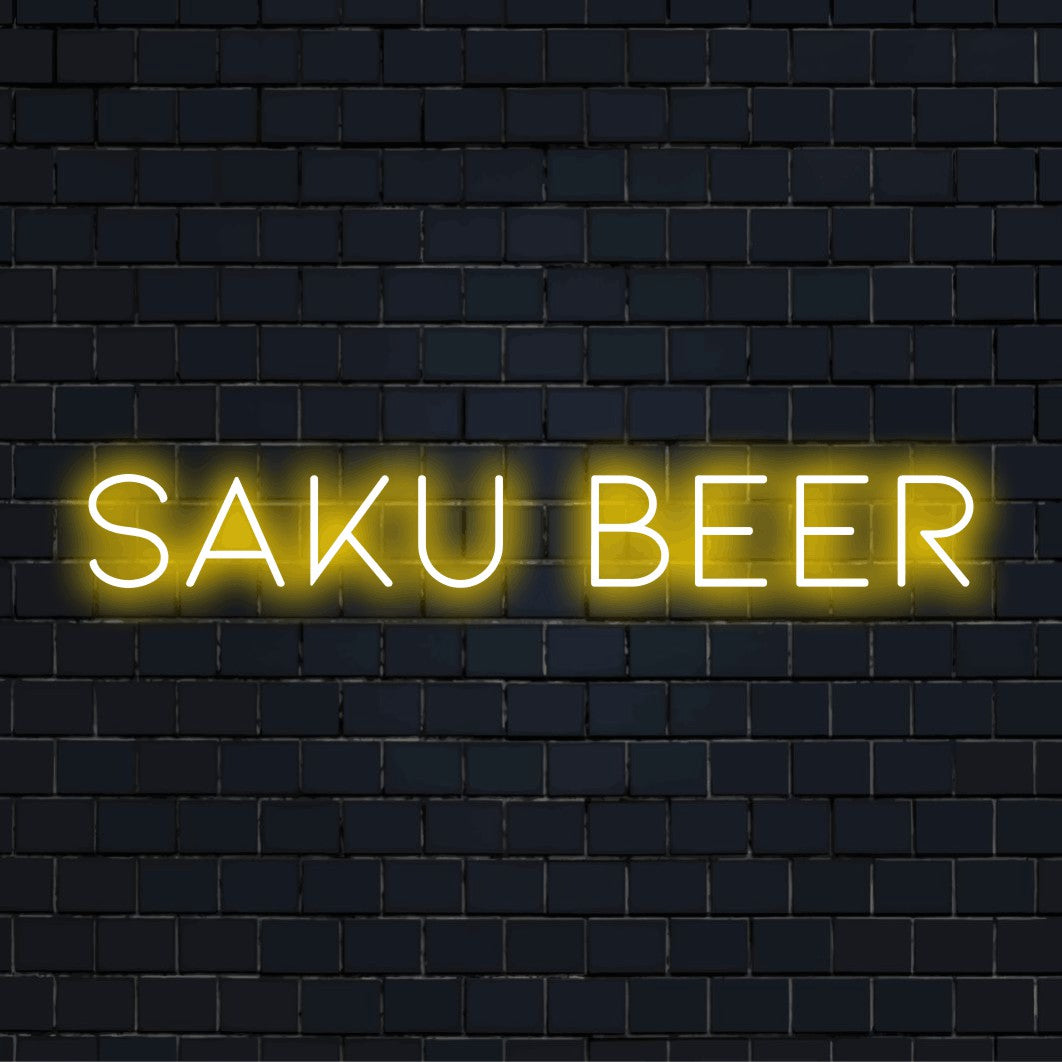 Saku Beer Neon Sign, bright LED glow against brick backdrop