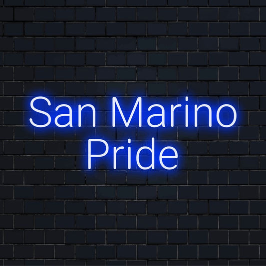 San Marino Pride LED Neon Sign, bright neon glow against brick backdrop