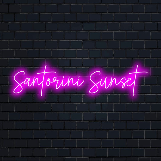 Santorini Sunset LED Neon Sign, glowing wall decor against black brick wall