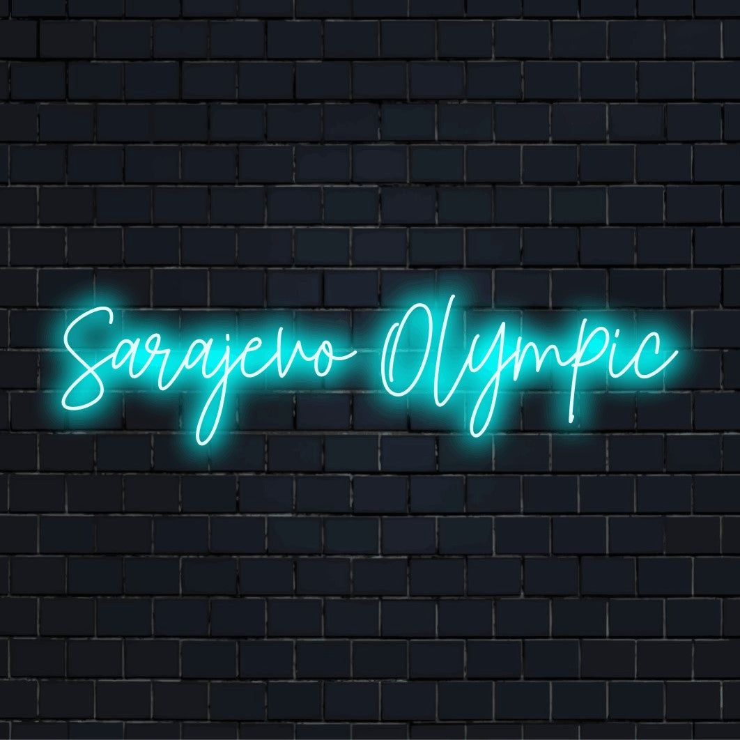 Sarajevo Olympic LED Neon Sign, bright LED glow on black brick background