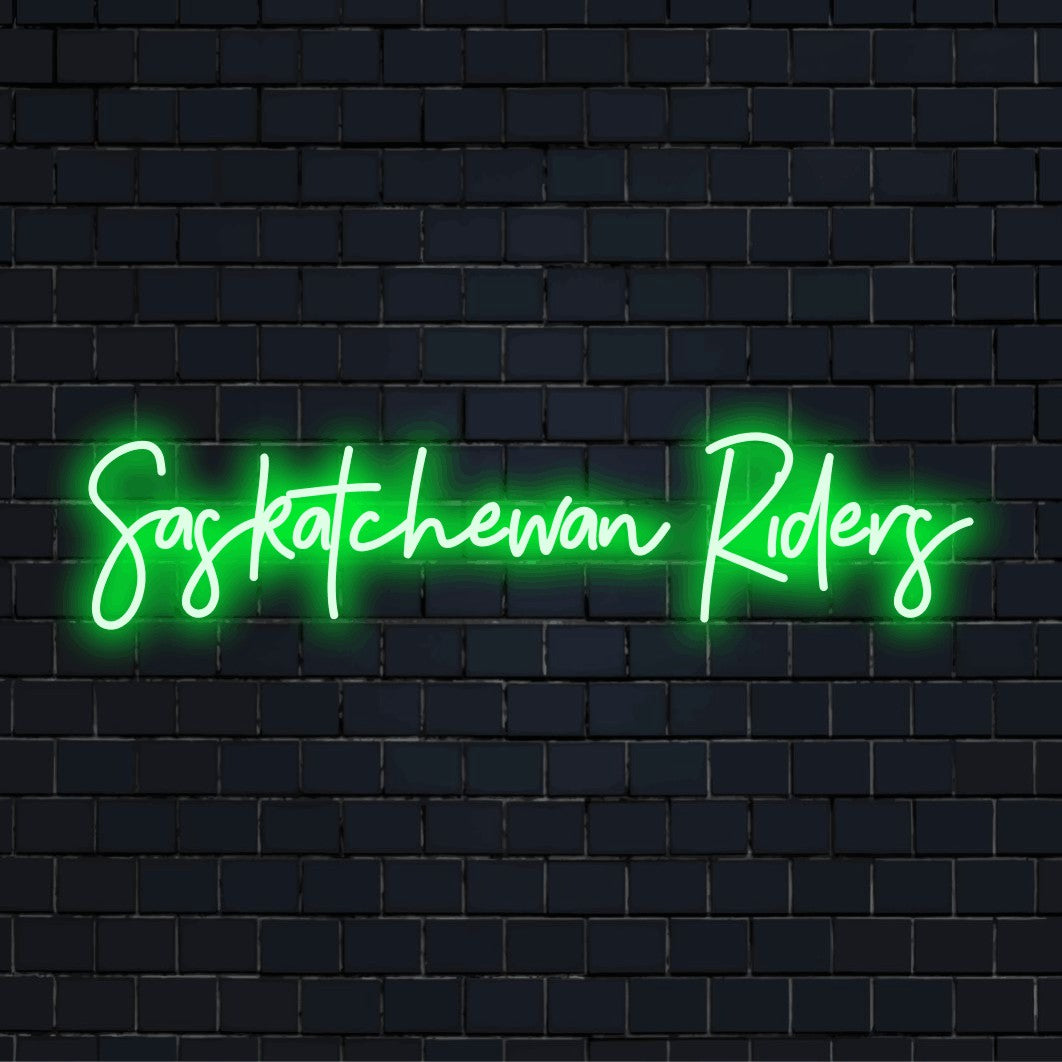 Saskatchewan Riders LED Neon Sign, glowing lettering on black brick background