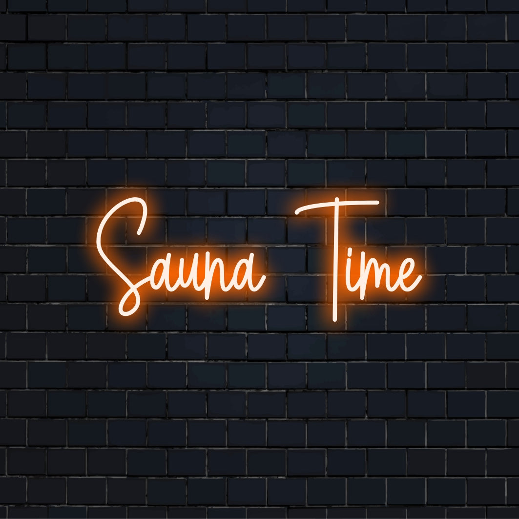 Sauna Time Neon Sign, glowing neon text on dark brick background