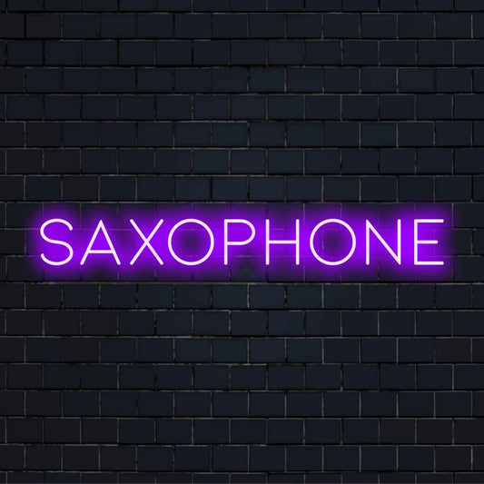 Saxophone Neon Light with bright neon lettering on dark brick background