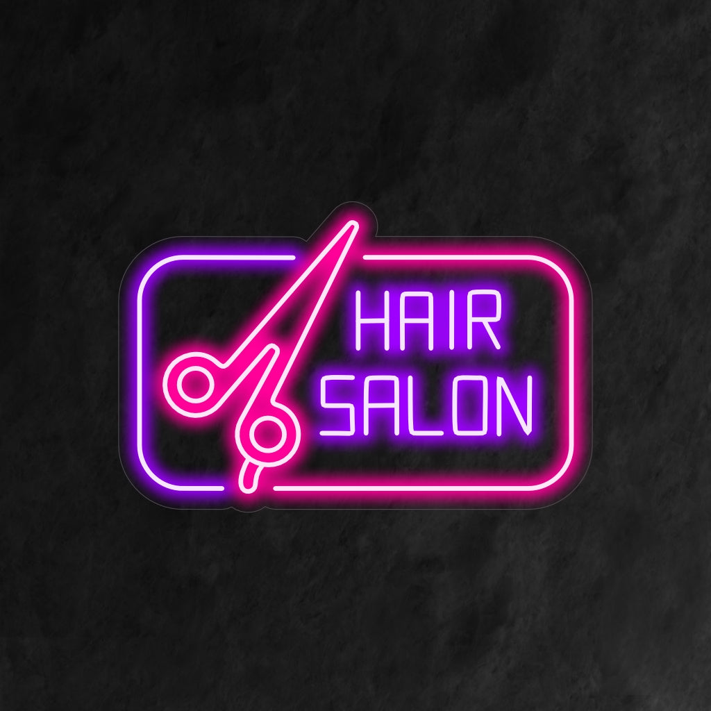 Um letreiro de neon cativante com uma tesoura e as palavras "Salão de Cabeleireiro" em letras grandes e elegantes.