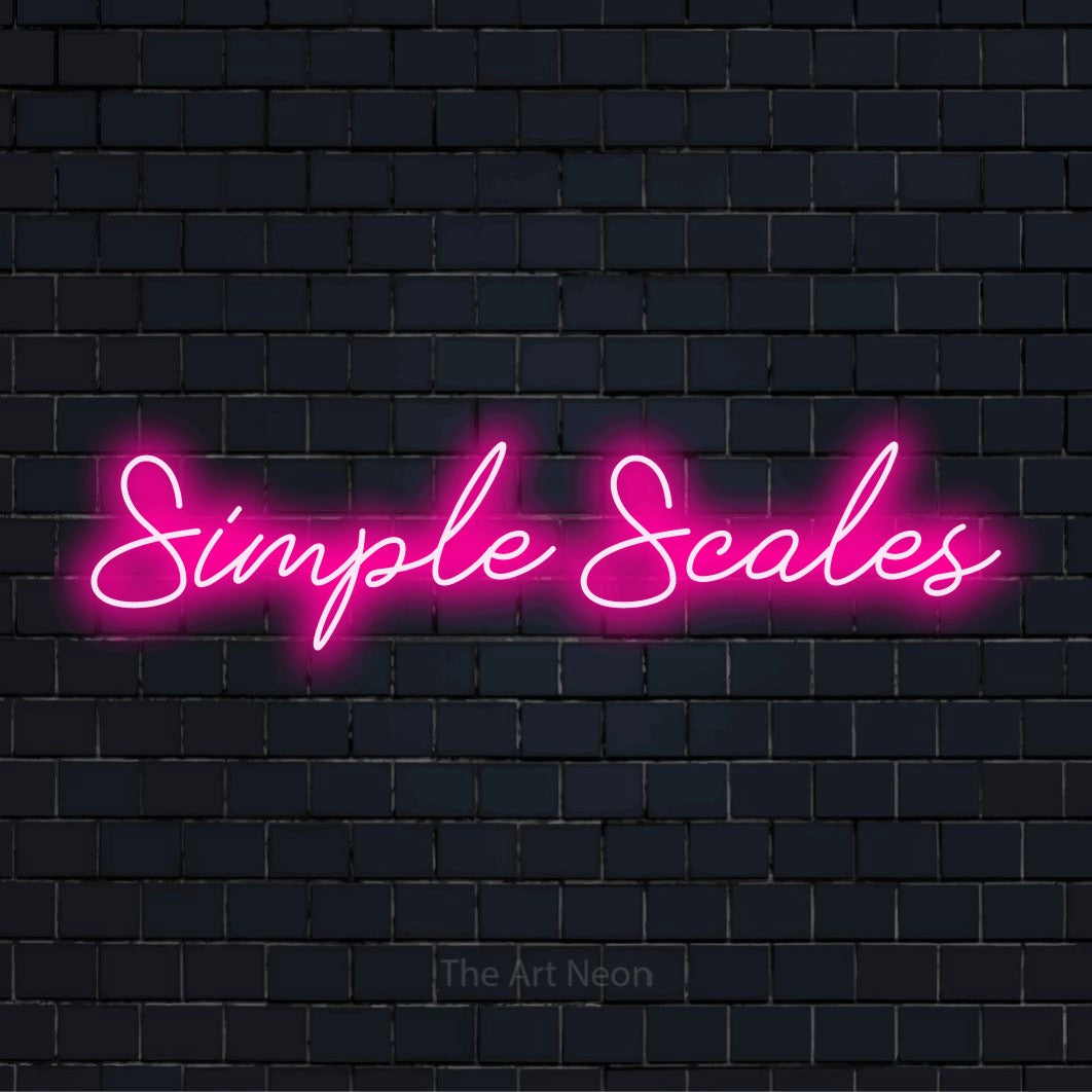 "Simple Scales" text design with neon effect on a black brick wall