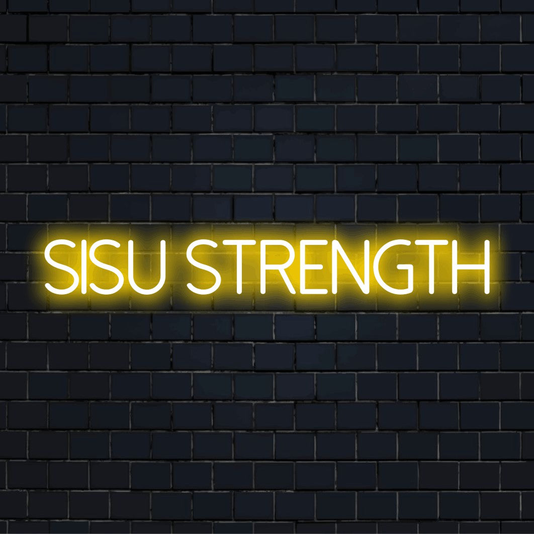 Sisu Strength Neon Light with glowing lettering against black brick wall