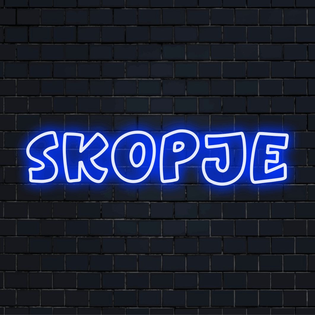 Skopje Neon Sign, bright LED glow on black brick background