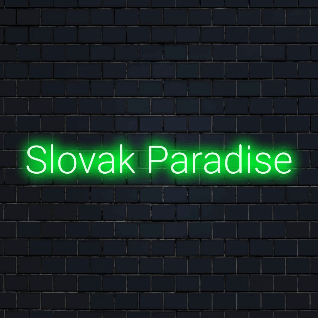 Slovak Paradise LED Neon Sign, neon text light against black brick wall