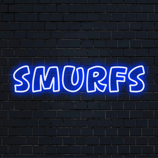Smurfs LED Neon Sign, neon text light on dark brick background