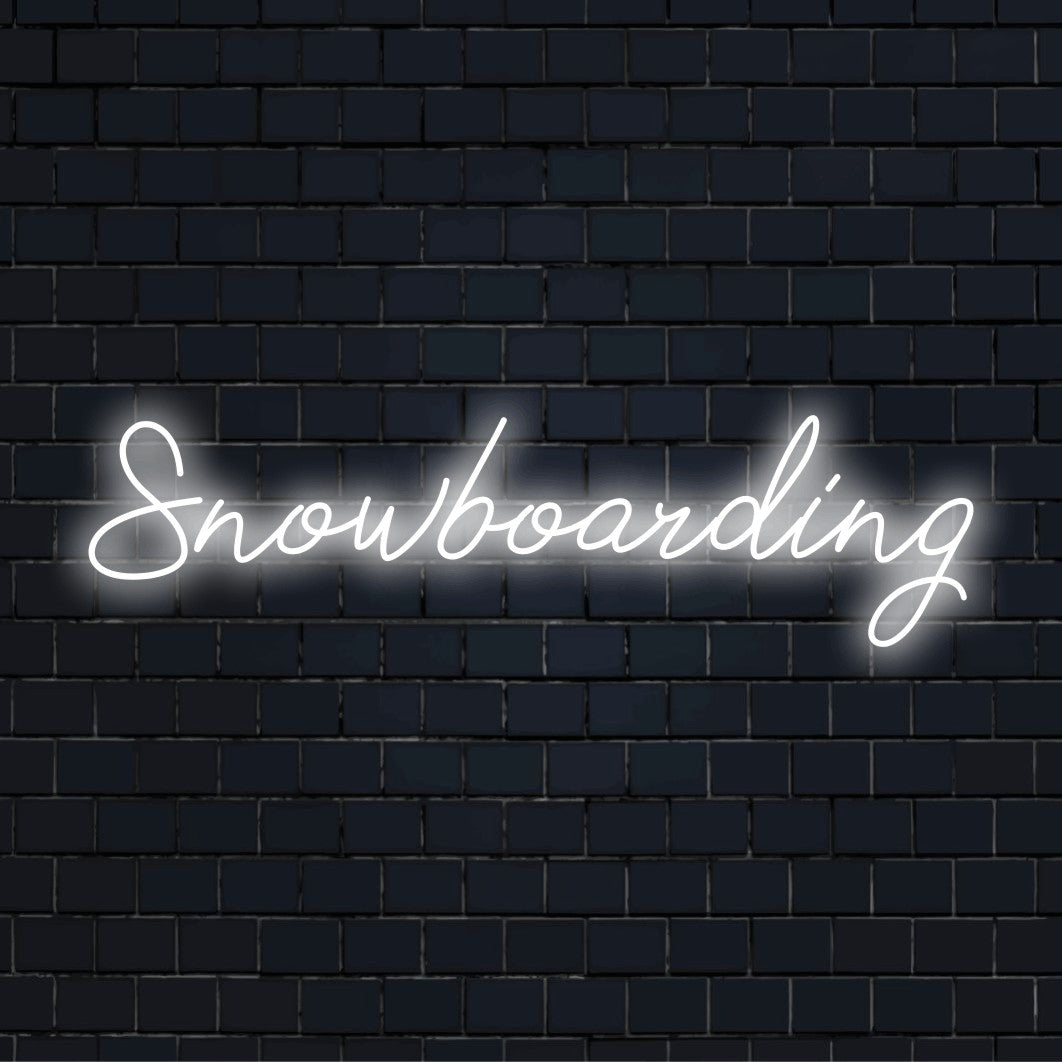 Snowboarding Neon Light with bright LED glow on dark brick background