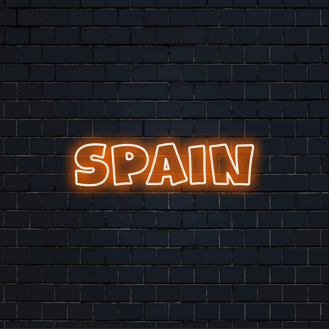 Spain Neon Light with bright neon glow on dark brick wall