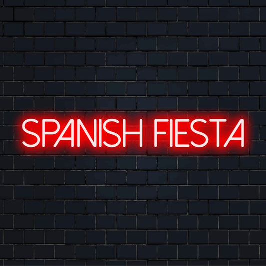 Spanish Fiesta LED Neon Sign, soft neon glow on dark brick wall