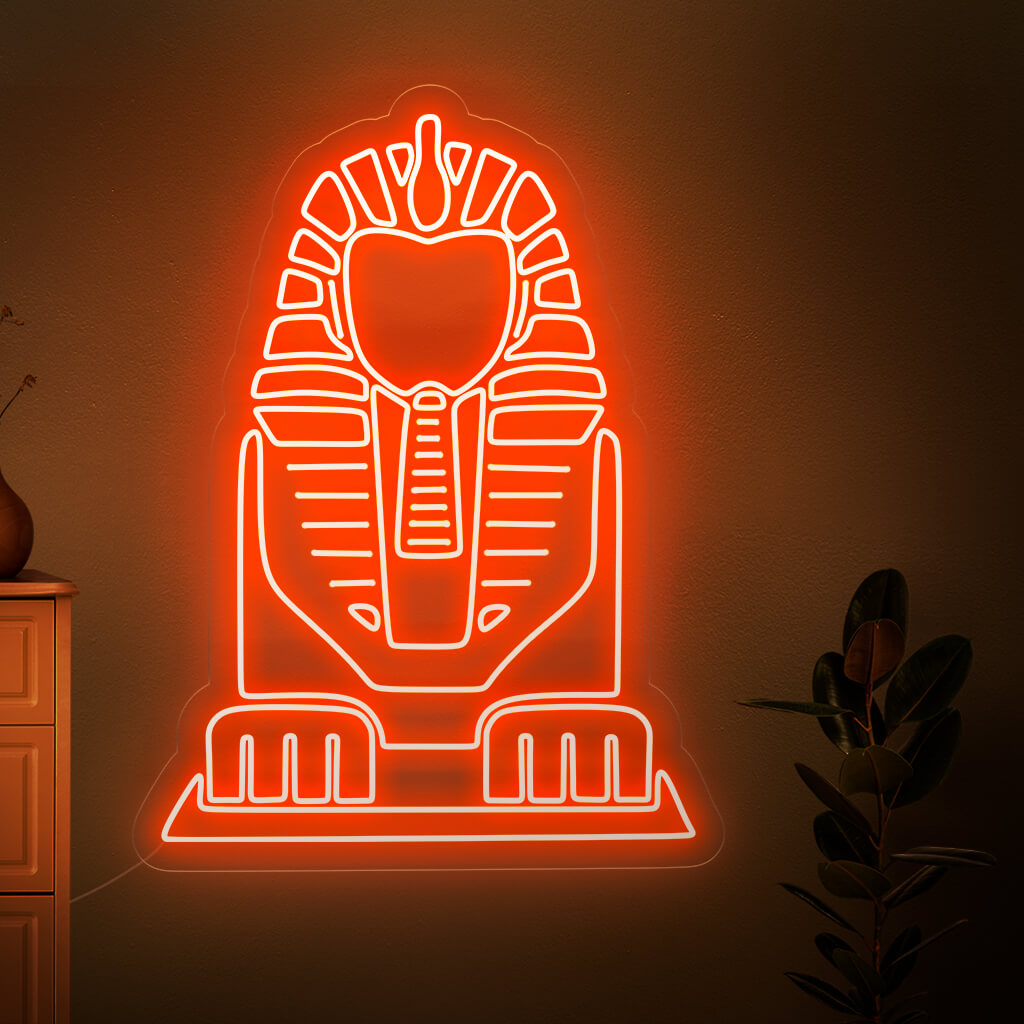 Um letreiro de neon em forma de Esfinge hipnotizante para decoração com tema egípcio, emanando uma luz vibrante e cativante.