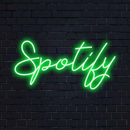 Spotify Neon Light with glowing wall decor on dark brick wall