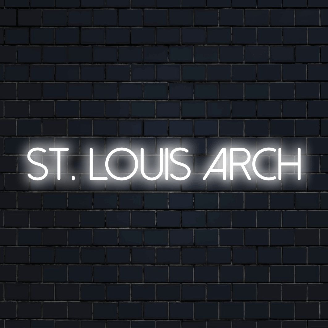 St Louis Arch LED Neon Sign, glowing neon text on black brick background