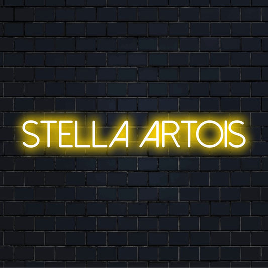 Stella Artois Neon Sign, glowing neon text on dark brick background