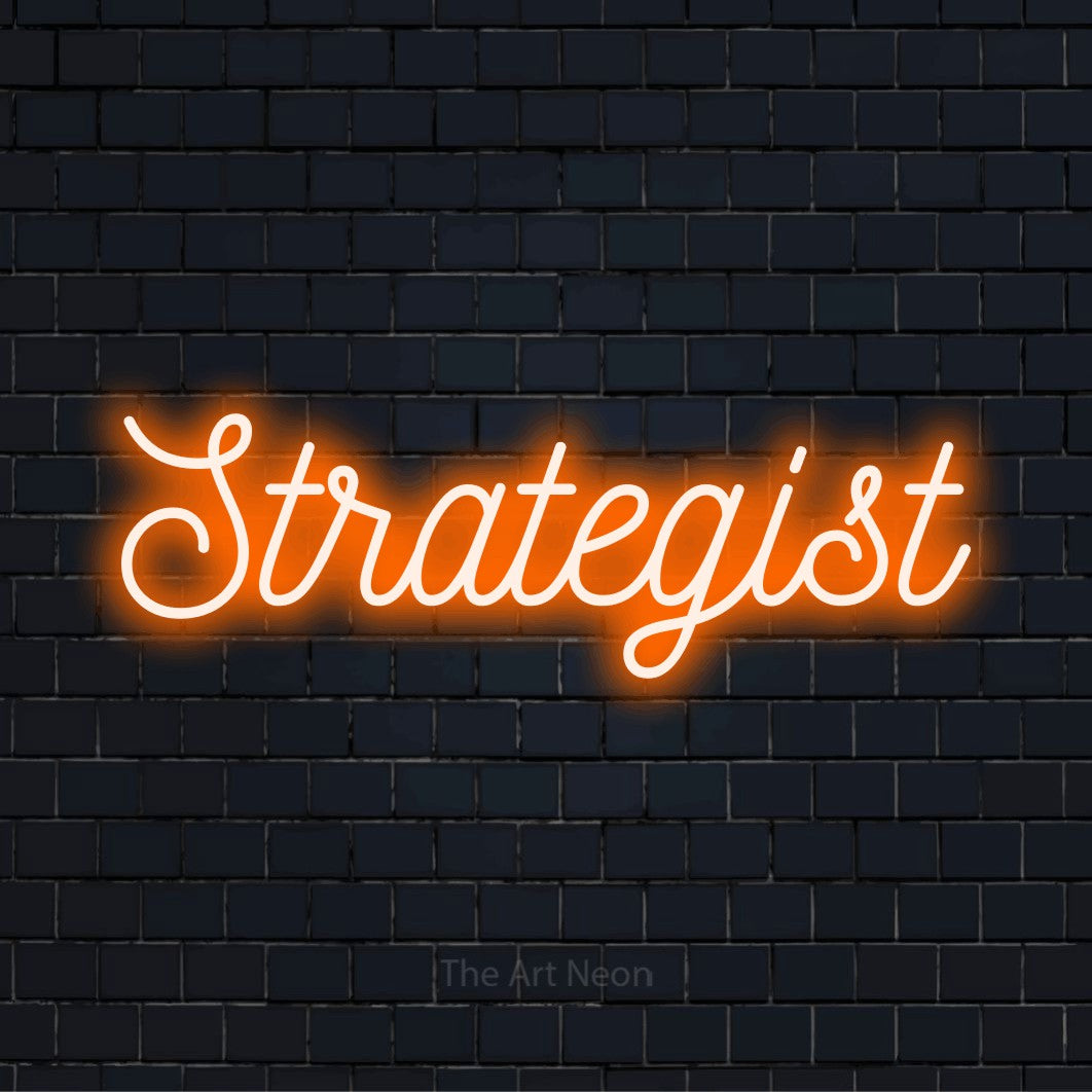 "Strategist" glowing LED neon sign on a black brick wall