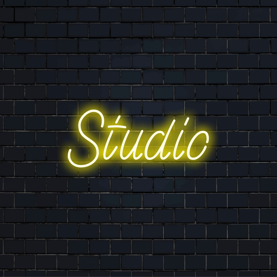 Studio Neon Light with neon text light on dark brick background