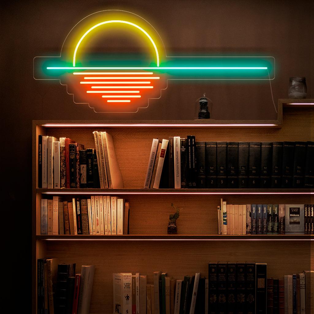 Um letreiro de neon cativante com uma cena vibrante de pôr do sol.