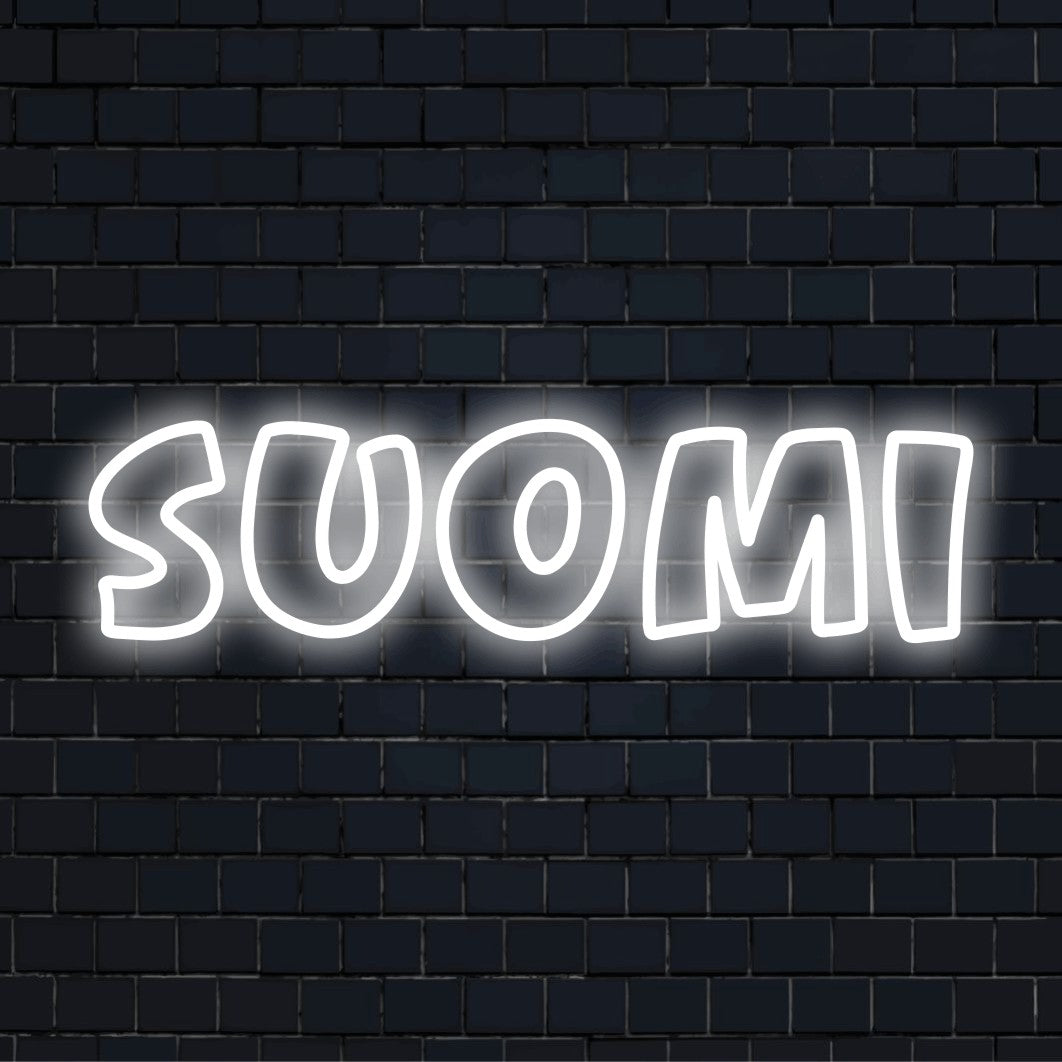Suomi Neon Sign, glowing wall decor on dark brick background